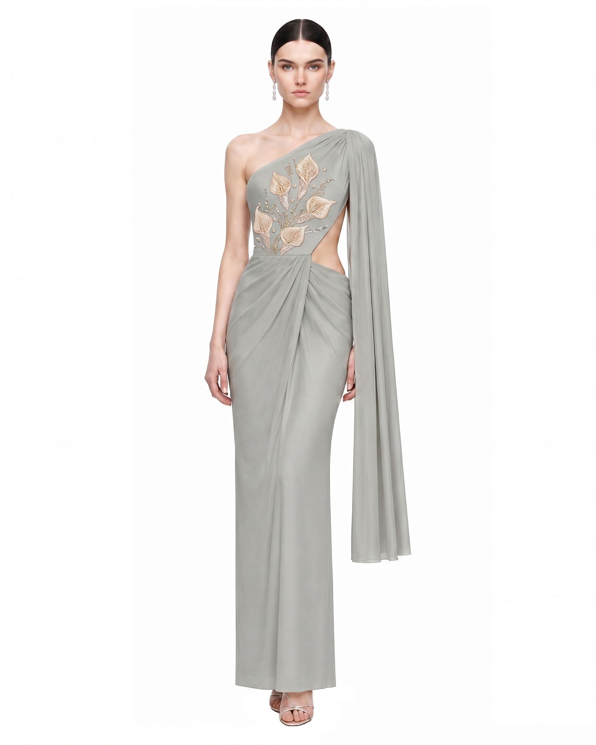 Botanical Embellished Cutout One-Shoulder Maxi Dress - Sage Green