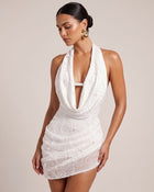 Orchid Beaded Embroidered Cowl Halter Mini Dress - White