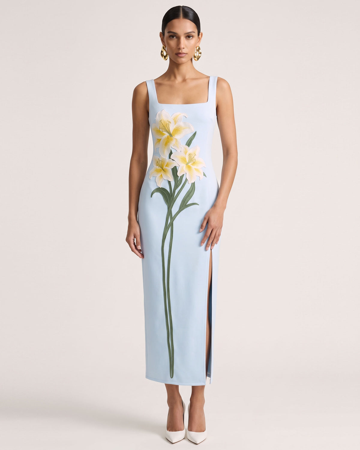 Lily Embroidered Square Neck Slit Satin Midi Dress - Light Blue