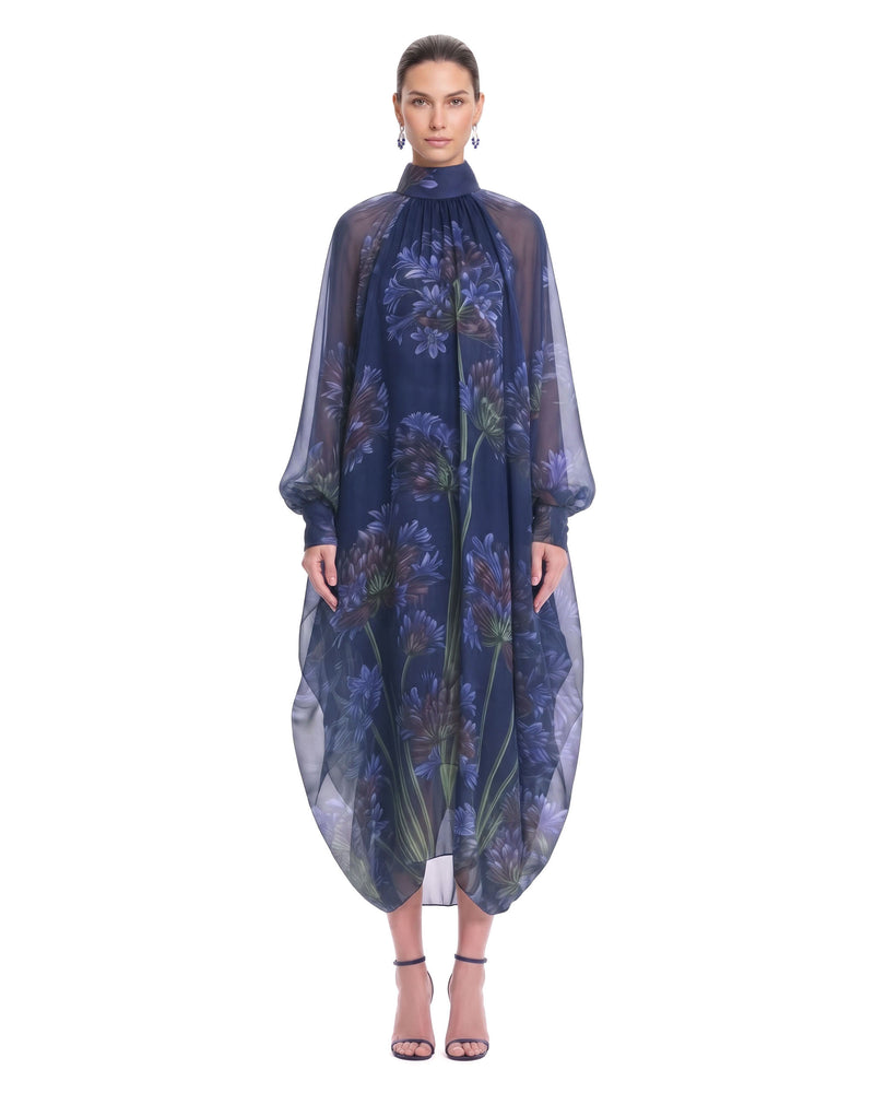 Floral Print Sheer Balloon-Sleeve Maxi Dress - Navy