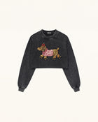 Whimsical Faux Embroidery Dachshund Sweatshirt - Black