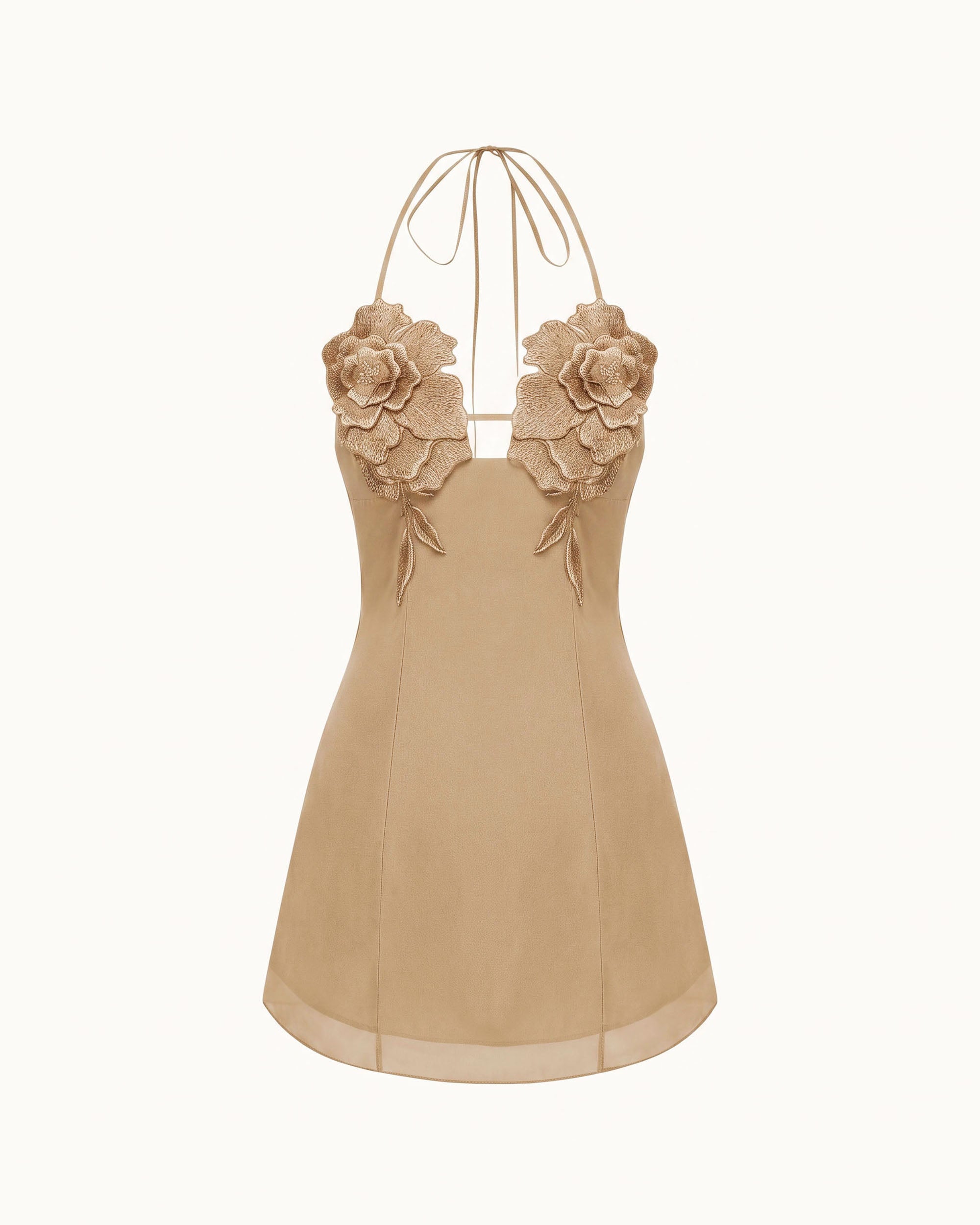 Flower Embroidered Mini Dress - Mocha Brown