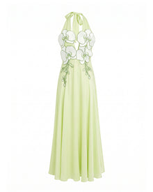 3D Floral Halter Cutout Satin Maxi Dress - Light Green