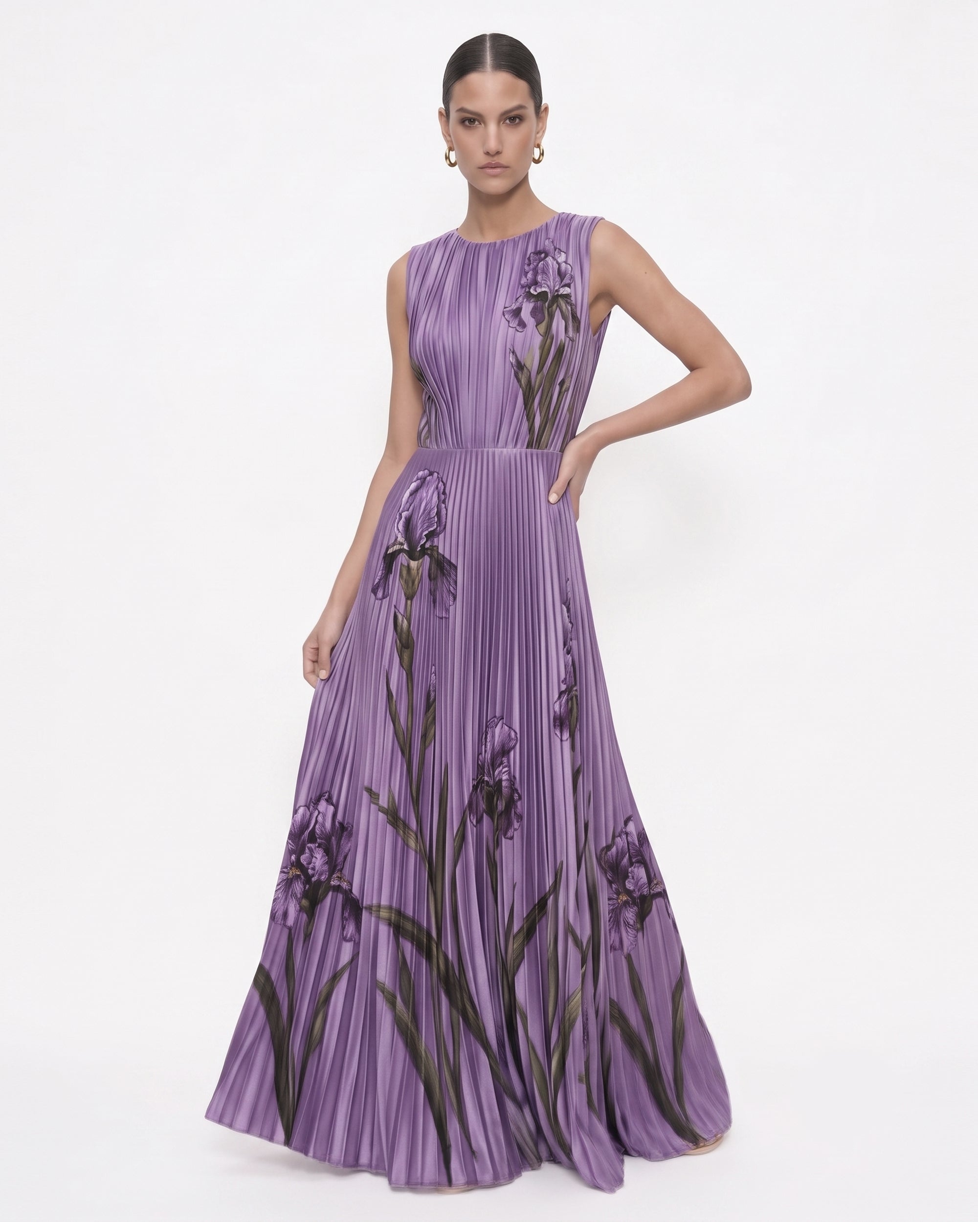 Pleated Iris Print Sleeveless Maxi Dress - Lavender