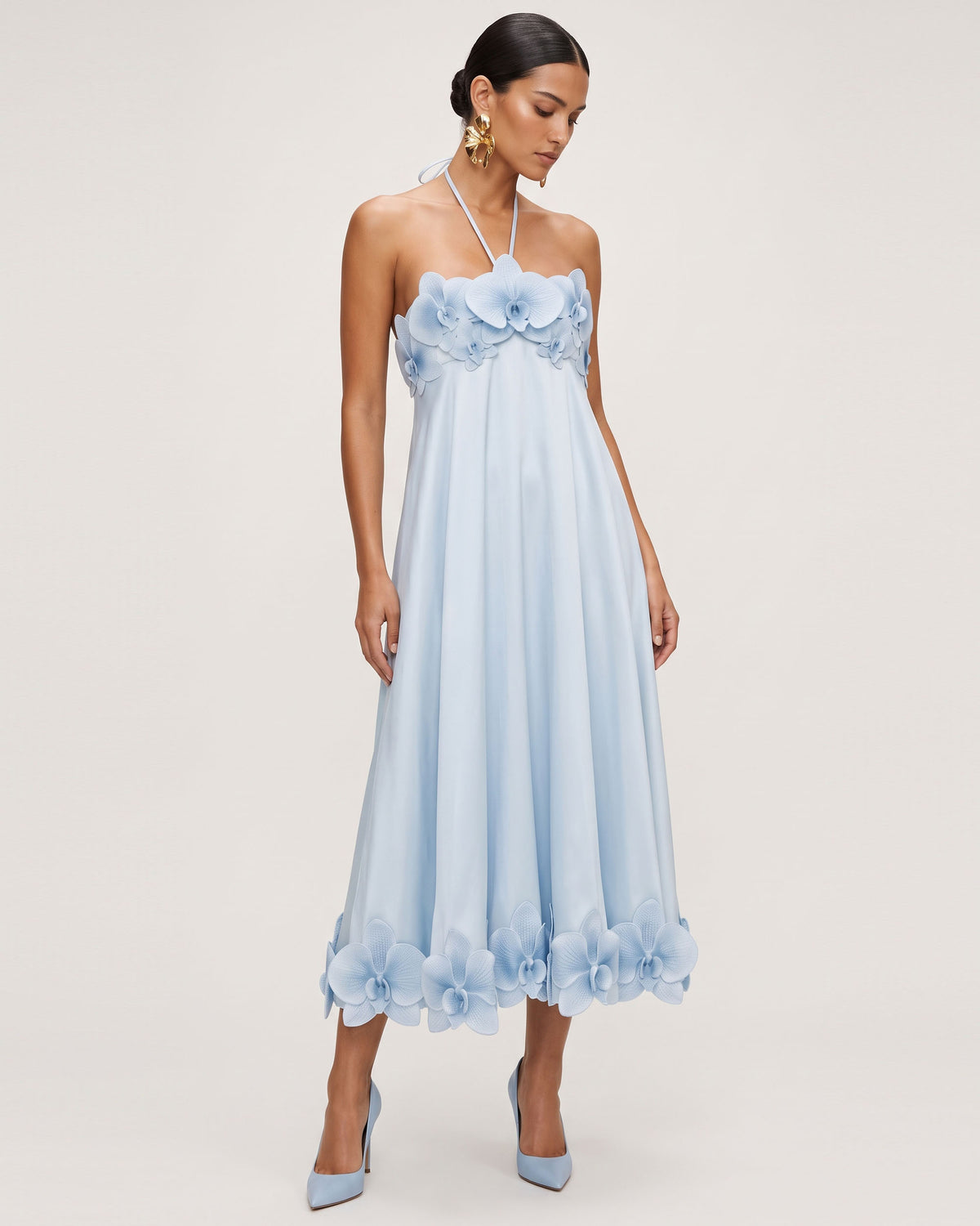 Orchid Embroidered Halter Midi Dress -Light Blue