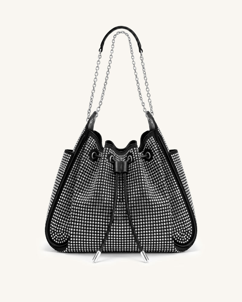 Rowan Artificial Crystal Ruched Drawstring Chain Bucket Bag - Ink Black