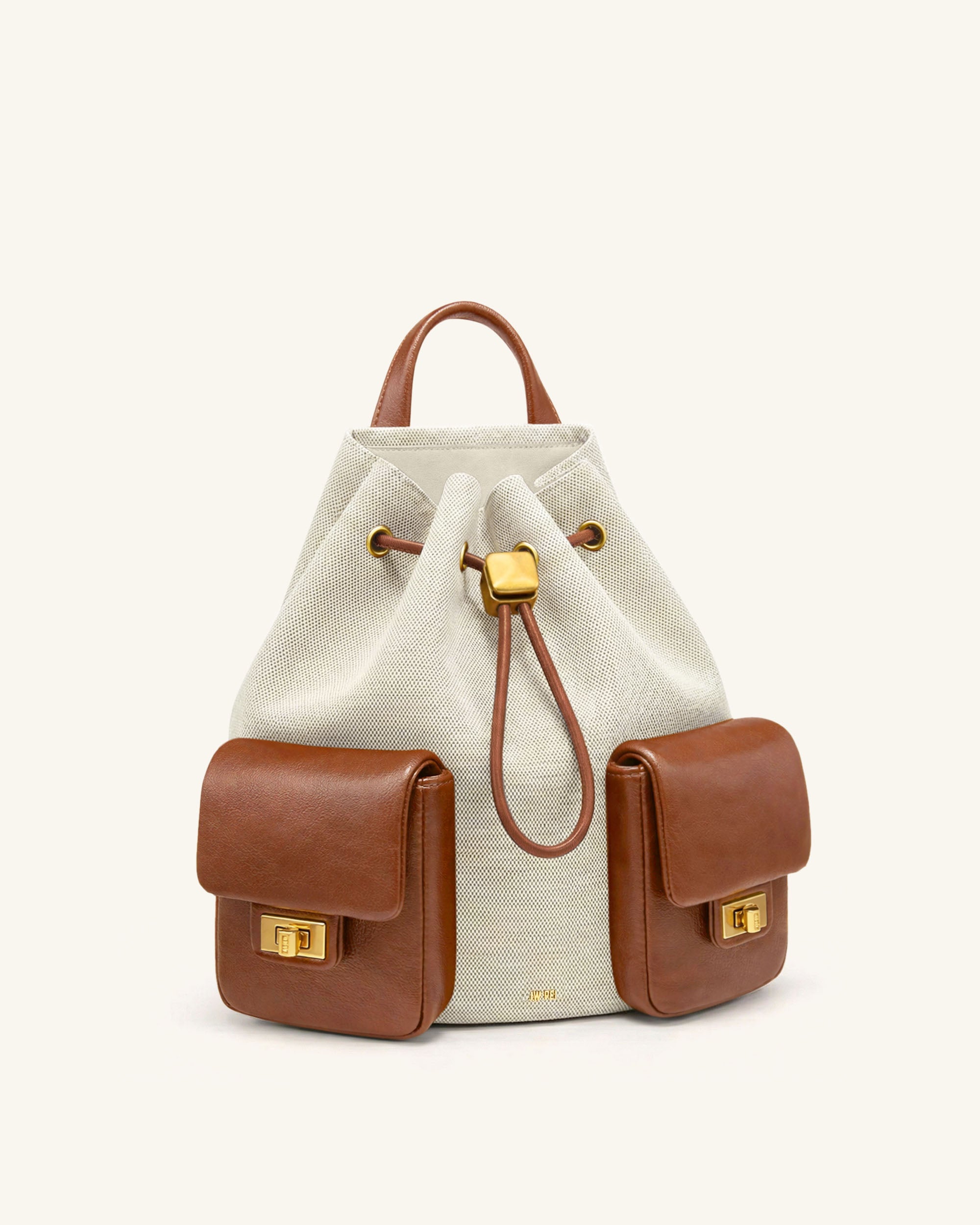 Avery Drawstring Utility Backpack – Ivory Brown Canvas