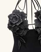 Flower Embroidered Mini Dress - Black