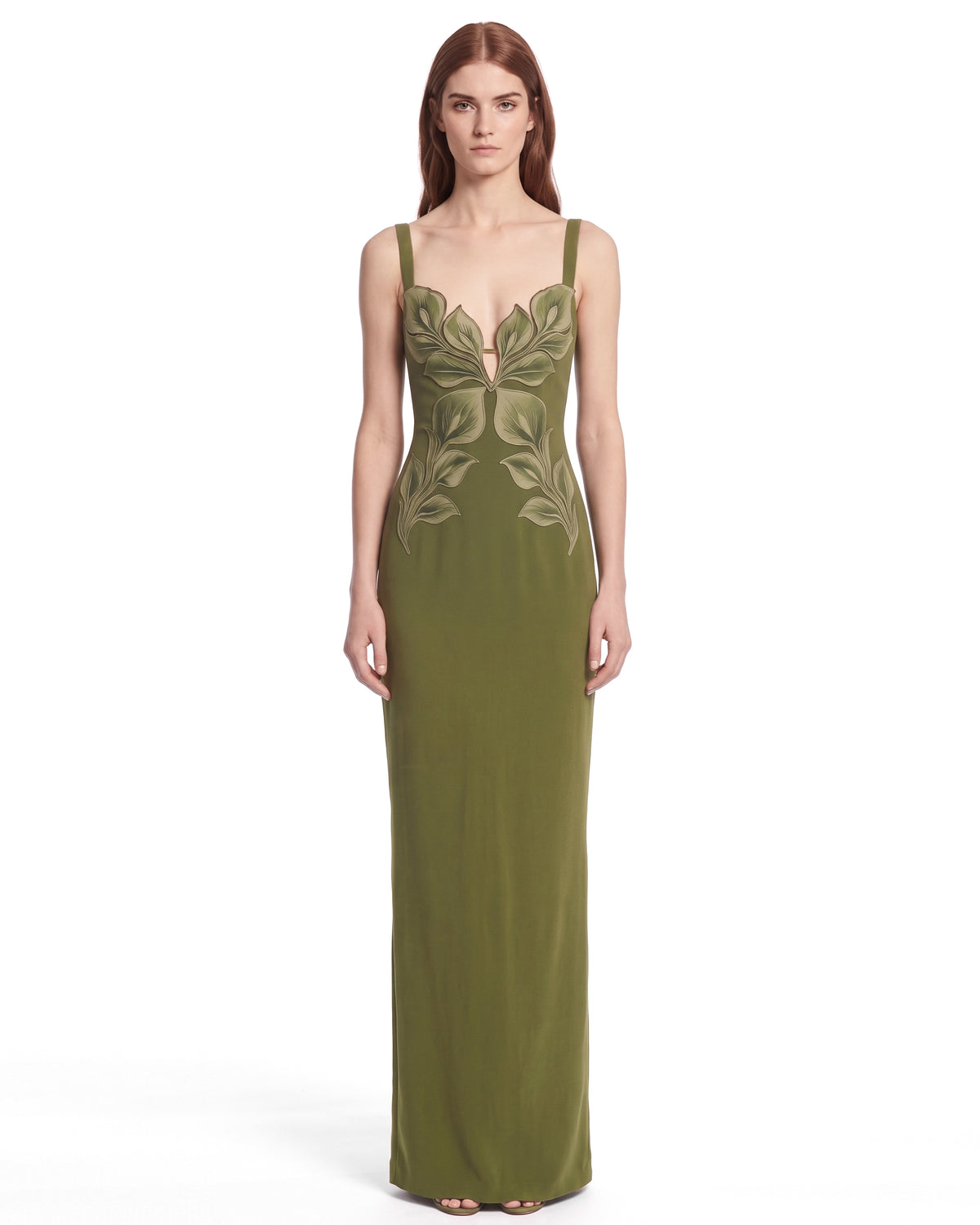3D Leaf Strappy Column Maxi Dress - Olive Green