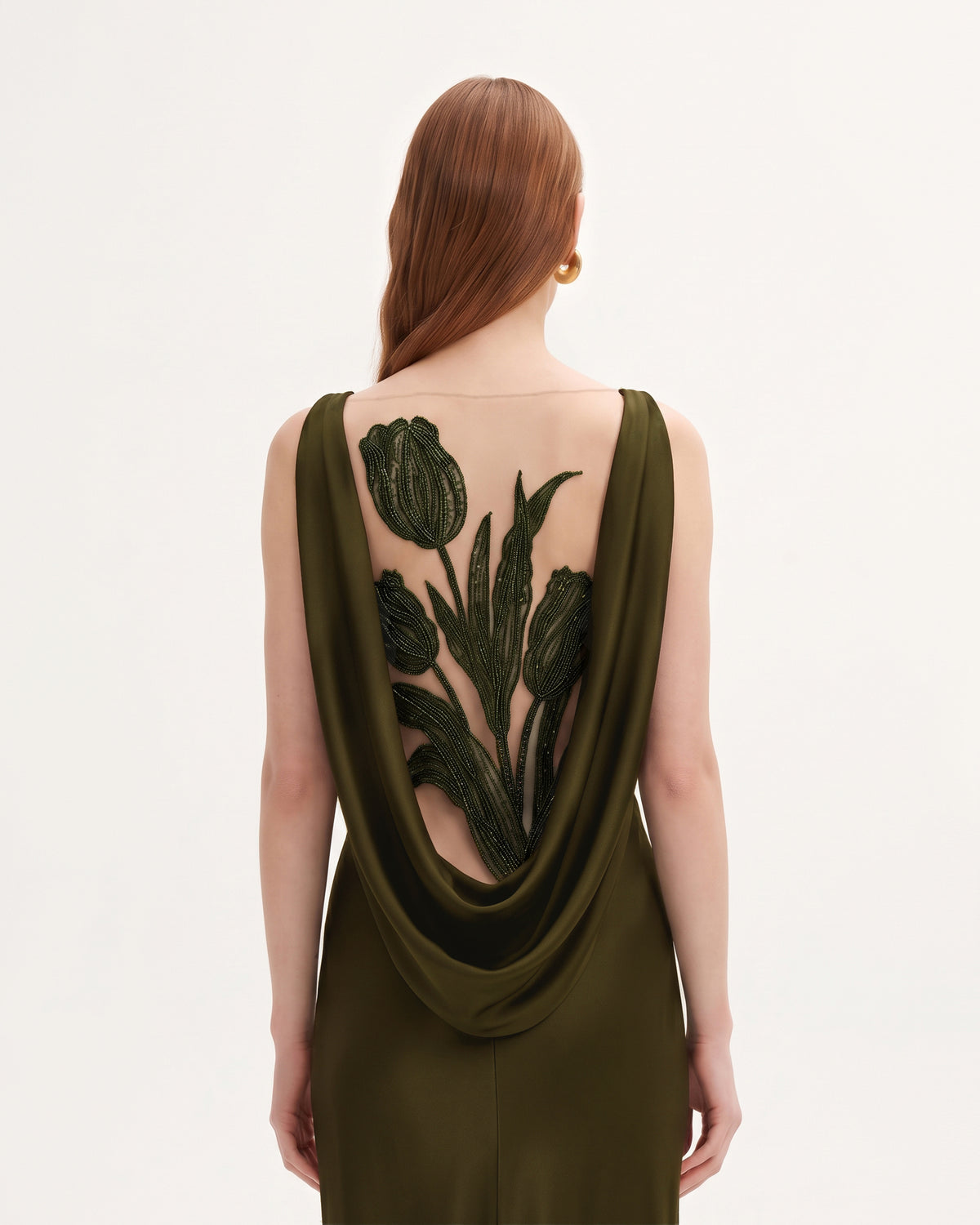 Tulip Appliqué Cowl-Back Satin Column Maxi Dress - Olive Green