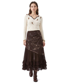 Floral Embroidered Notch-Neck Ribbed Sweater - Cream White