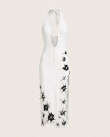 Flower Embroidered Cutout Halter Midi Dress - White