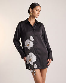 Orchid Embroidered Silk-Feel Button-Down Shirt - Black