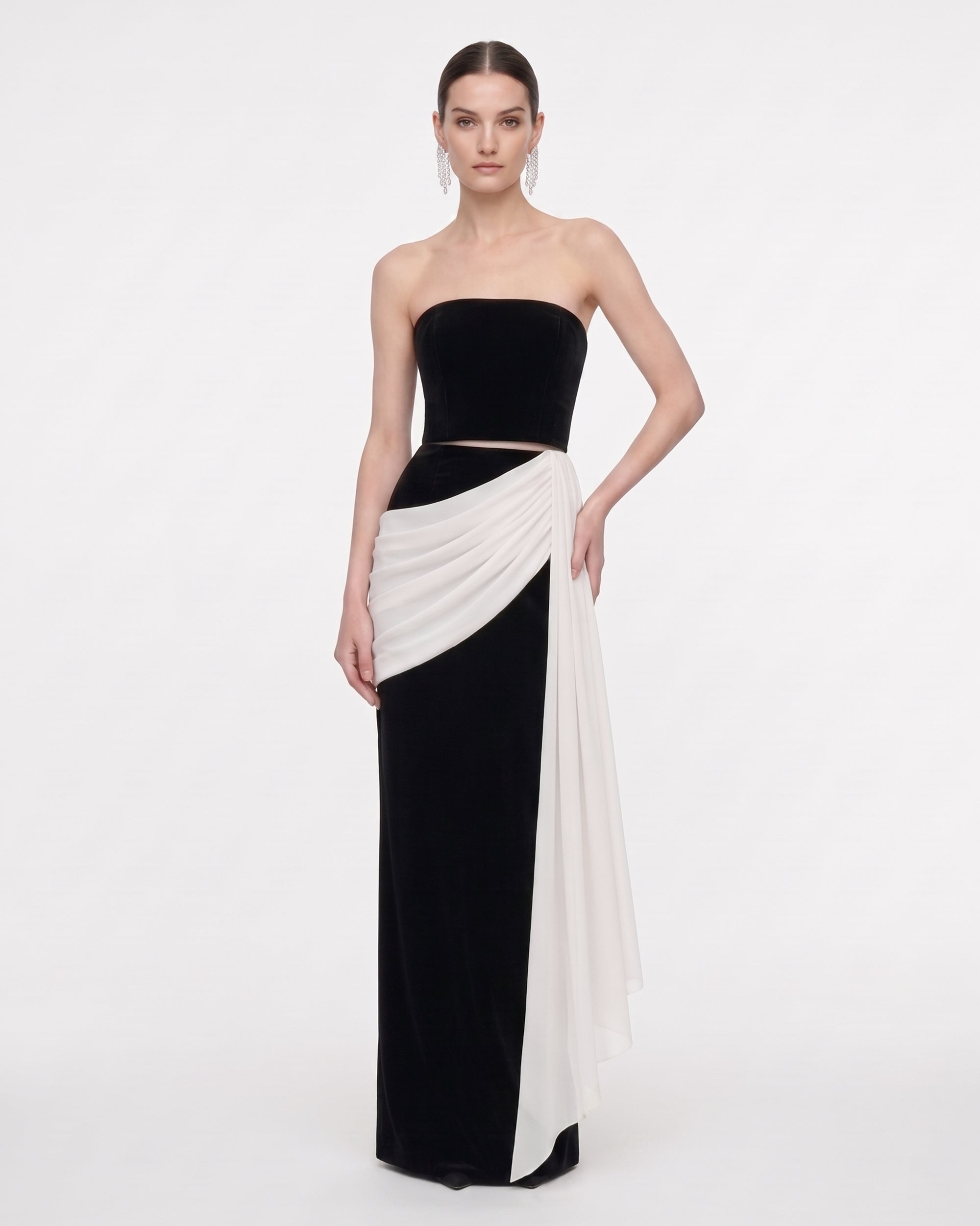 High-Waist Draped Contrast Maxi Skirt - Black & White
