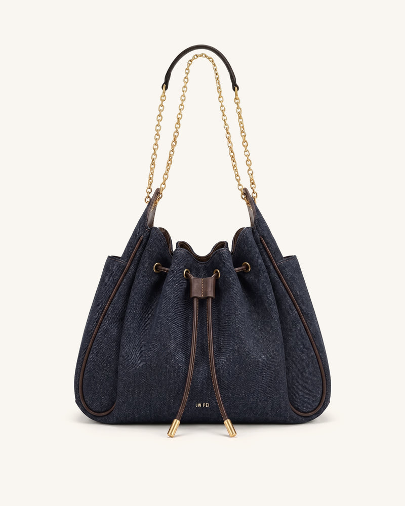 Rowan Ruched Drawstring Chain Bucket Bag - Black Blue Denim