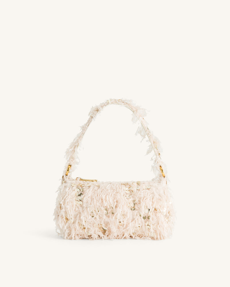 Eva Faux Fur And Sequin Mini Shoulder Bag - Beige