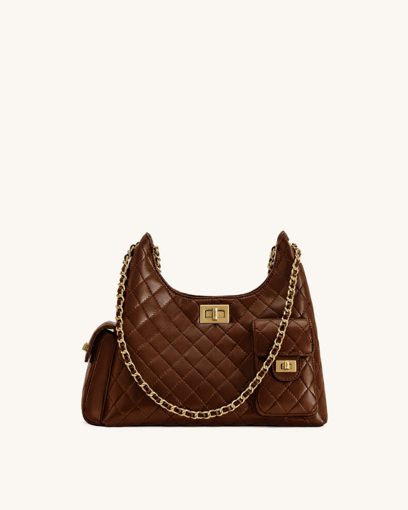 Vivian Quilted Chain Shoulder Bag - Brown
