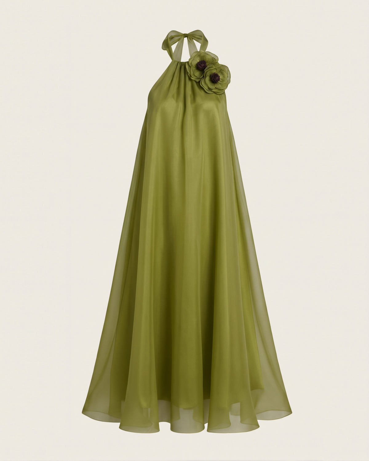 Poppy Embroidered Halter Neck Detail A-Line Midi Dress - Olive Green