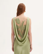 Tulip Appliqué Cowl-Back Satin Column Maxi Dress - Sage Green