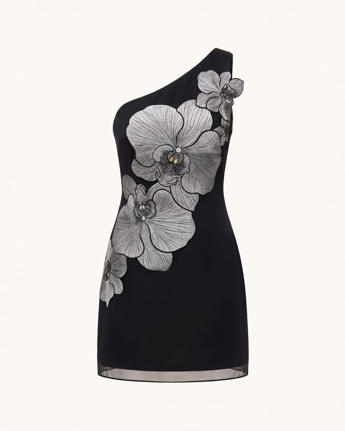 Orchid Embroidered One-Shoulder Fitted Mini Dress - Black