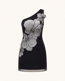 Orchid Embroidered One-Shoulder Fitted Mini Dress - Black