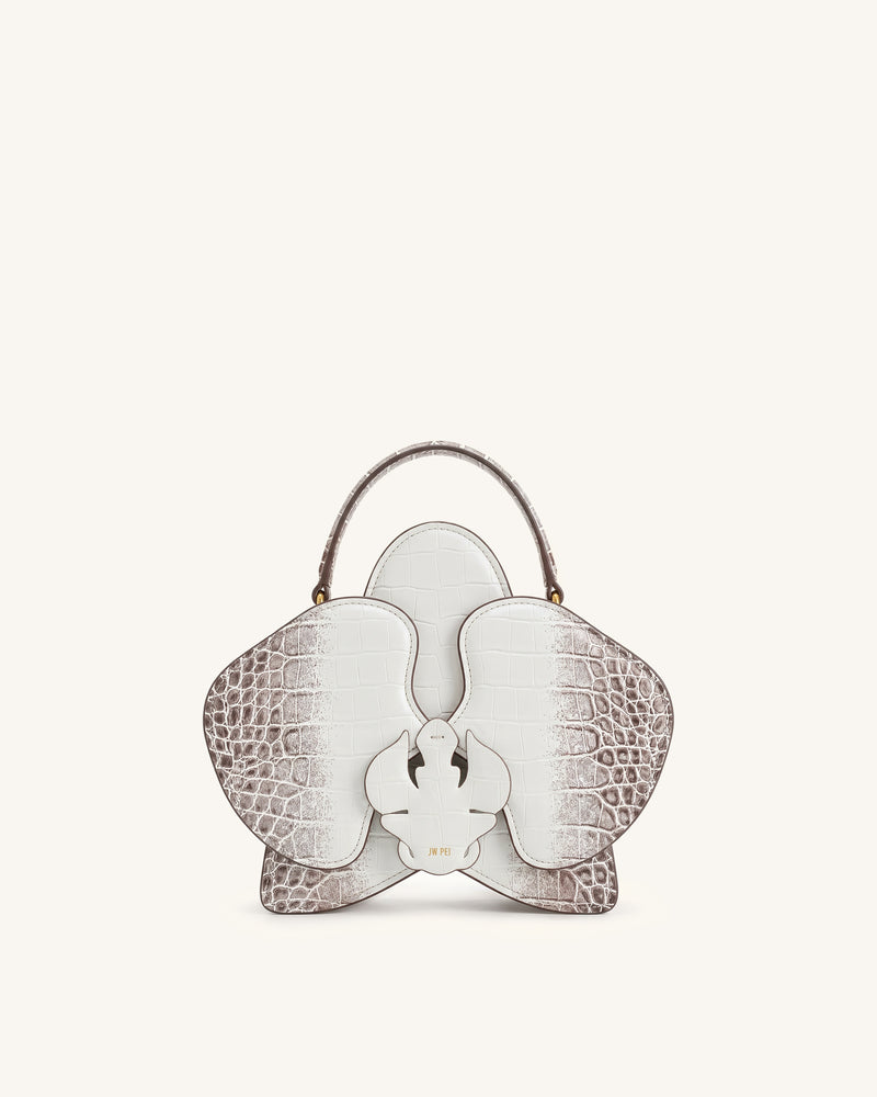 Flora Orchid Shaped Top Handle Bag - White Croc
