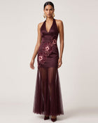 Orchid Embroidered Sheer Hem Halter Maxi Dress - Burgundy