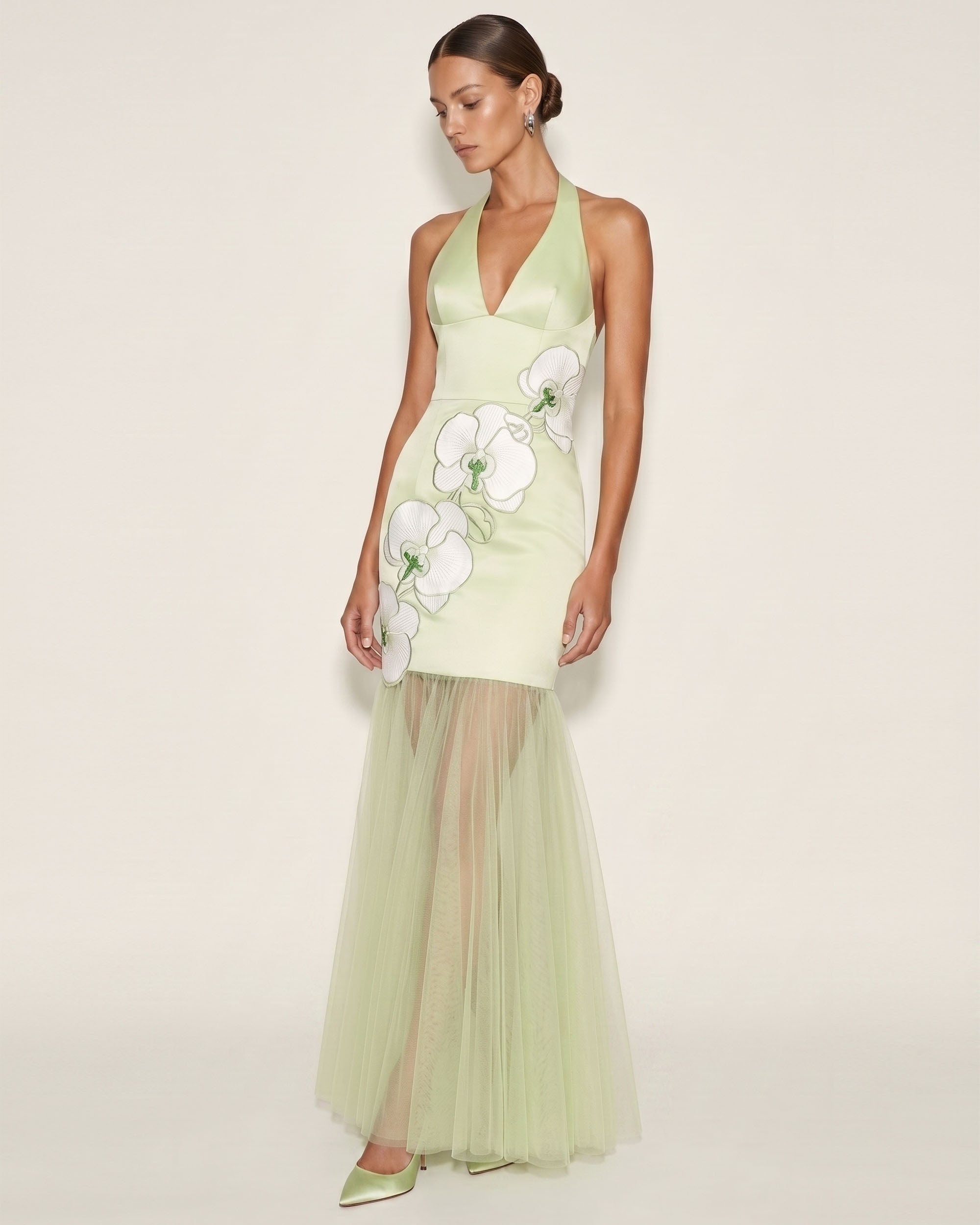 Orchid Embroidered Sheer Hem Halter Maxi Dress - Green