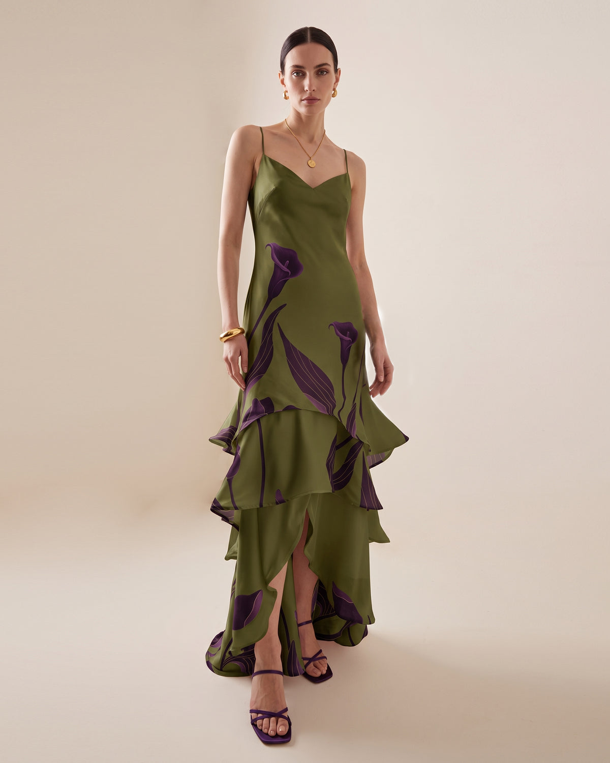 V-Neck Tiered Ruffle Floral Satin Slip Dress - Olive