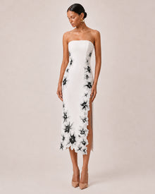 Flower Embroidered Strapless Midi Dress - White
