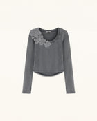 Lace Appliqué Scoop Neck Curved Cropped Tee - Washed Slate