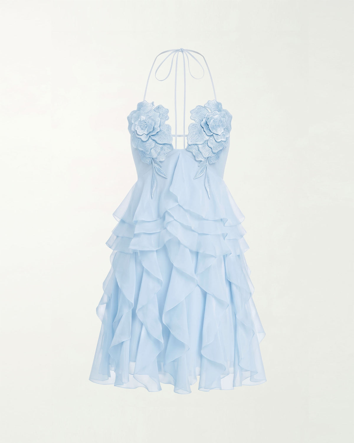 Flower Embroidered Halter Ruffled Mini Dress - Light Blue