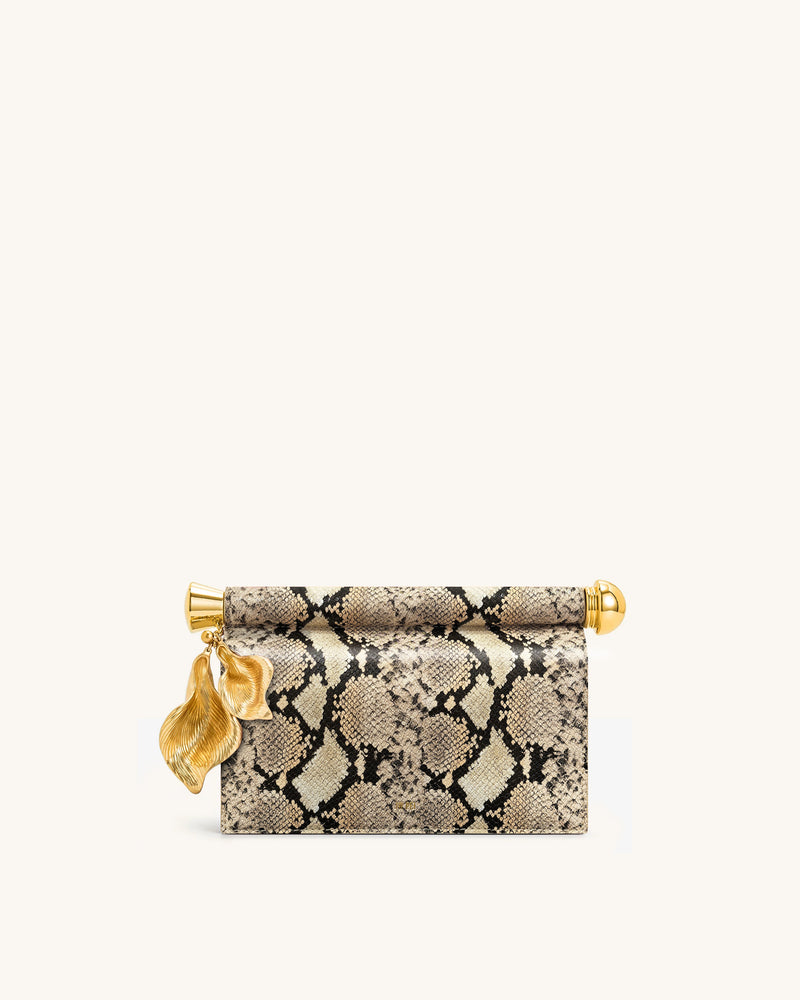 Holly Metal Pendant Embellished Snakeskin Clutch - Apricot