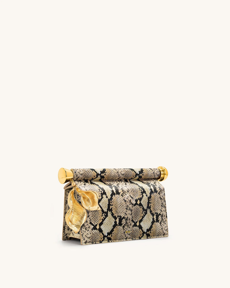 Holly Metal Pendant Embellished Snakeskin Clutch - Apricot
