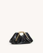 Lila Faux Croc-Effect Metal Frame Clutch - Black