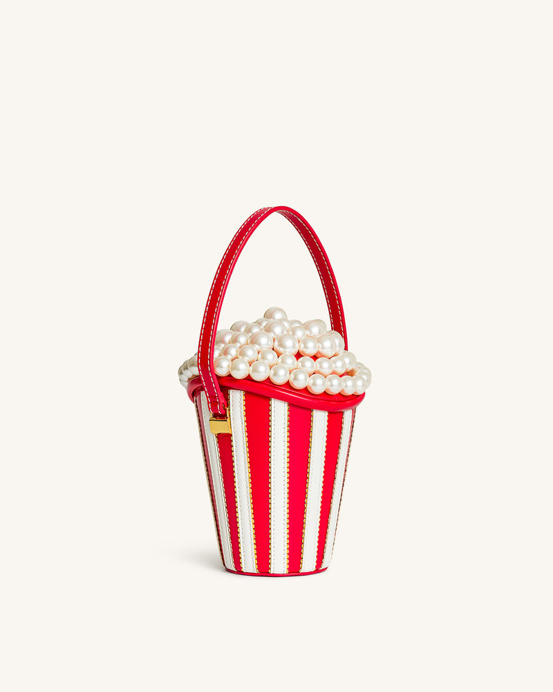 Skylar Faux Pearl Embellished Bucket Bag - Red