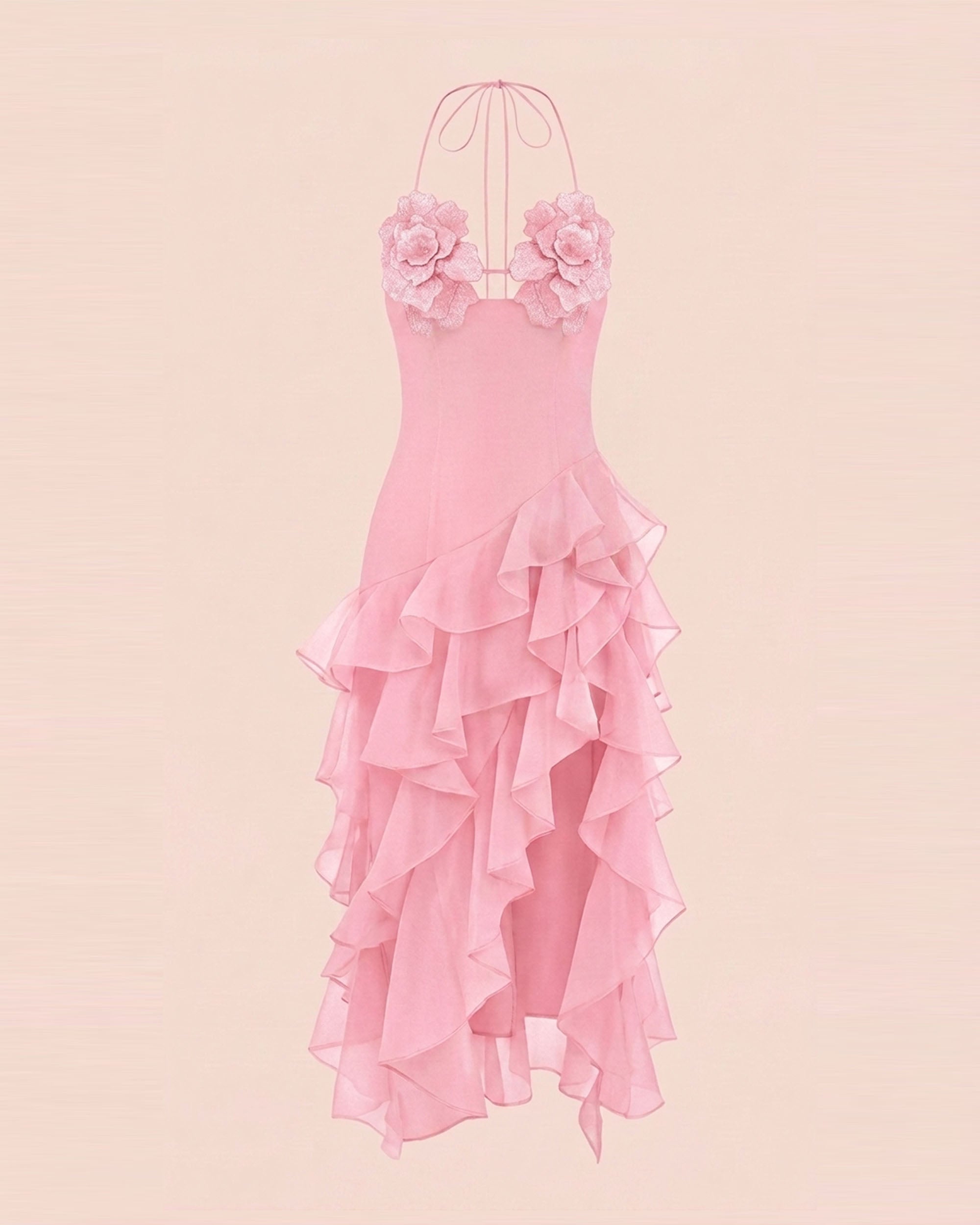 Flower Embroidered High-Low Ruffle Midi Dress - Blush Pink