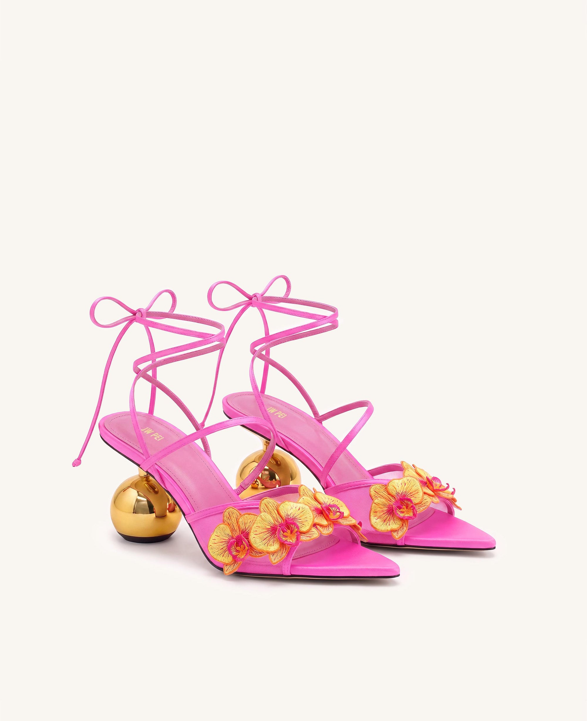 Celia Orchid Embroidered Sphere Heel Lace-Up Sandals - Rose Red