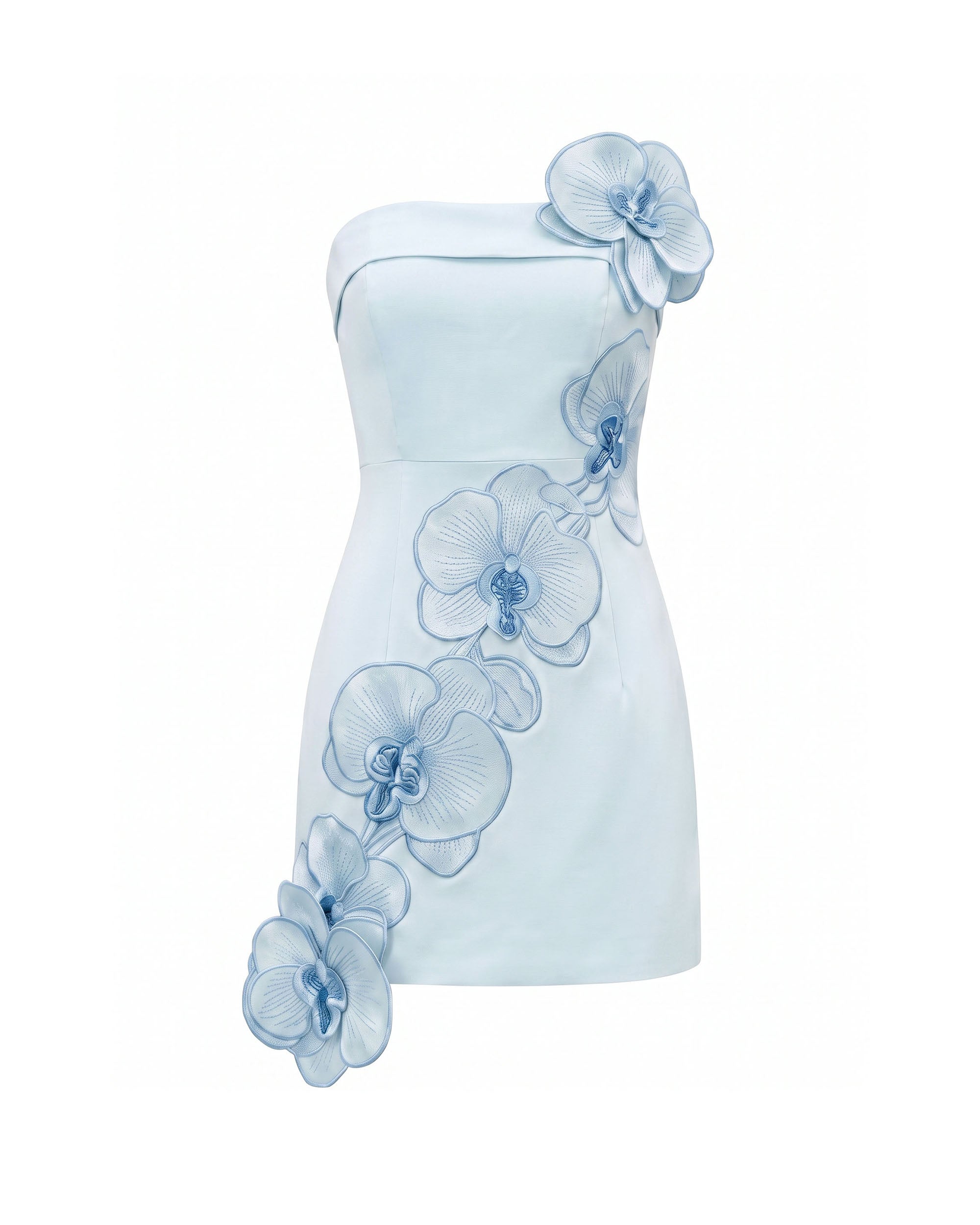 Orchid Embroidered Floral Appliqué Strapless Mini Dress - Blue