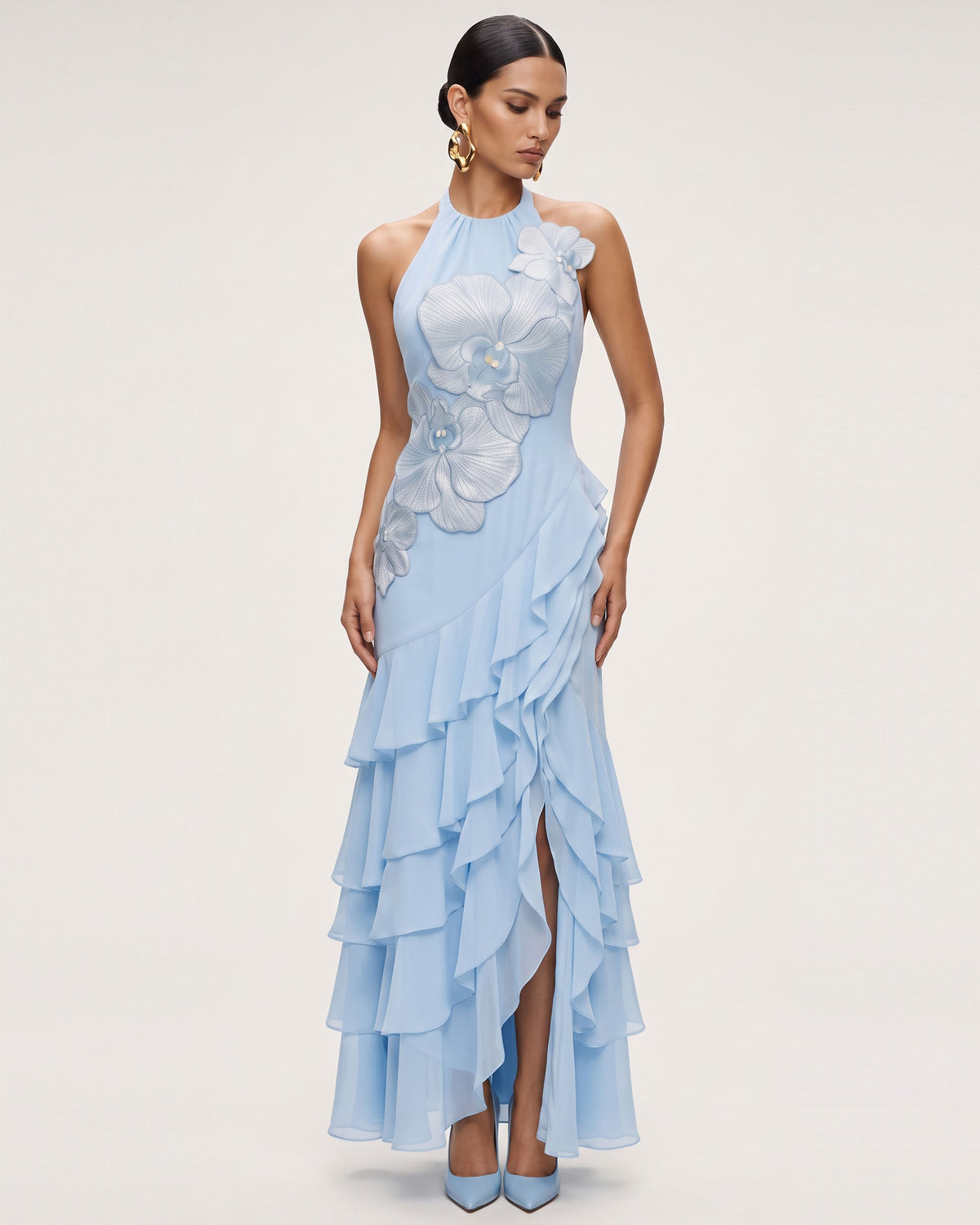 Orchid Embroidered Halter Asymmetric Ruffle Maxi Dress - Light Blue