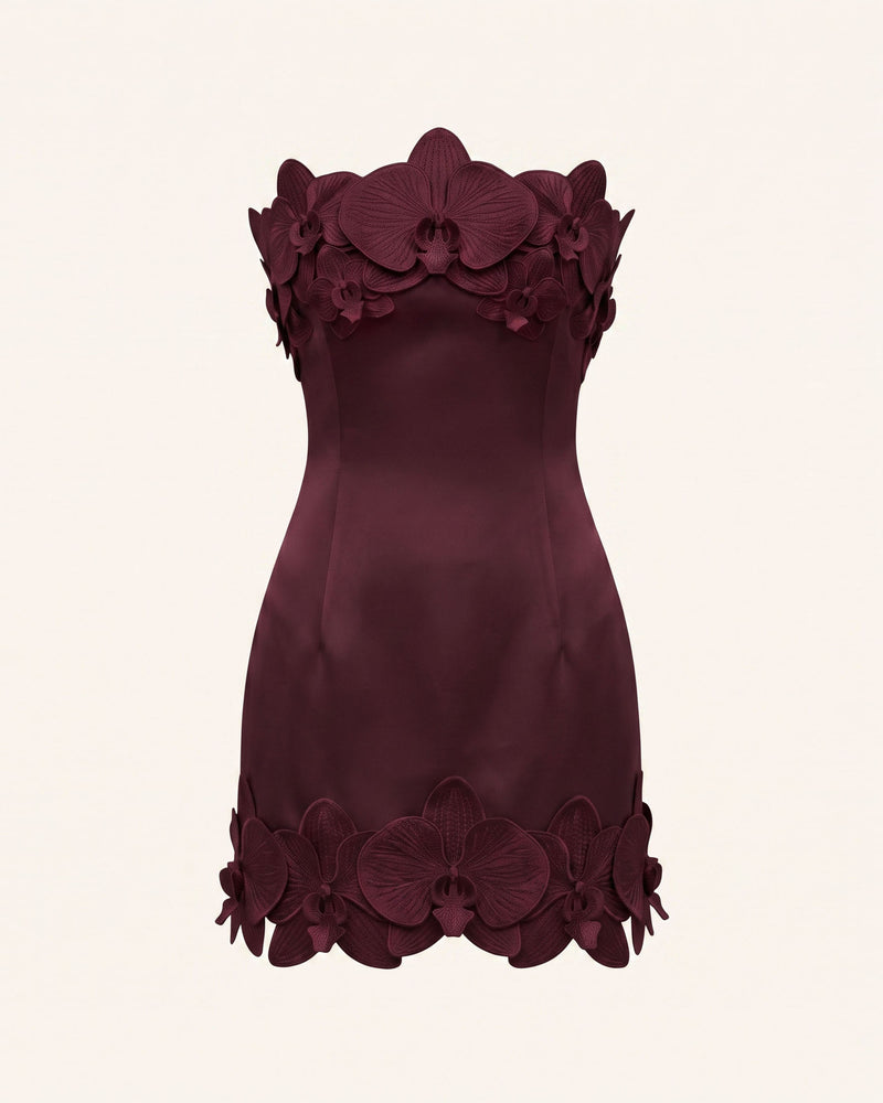 Orchid Trim Strapless Mini Dress - Burgundy