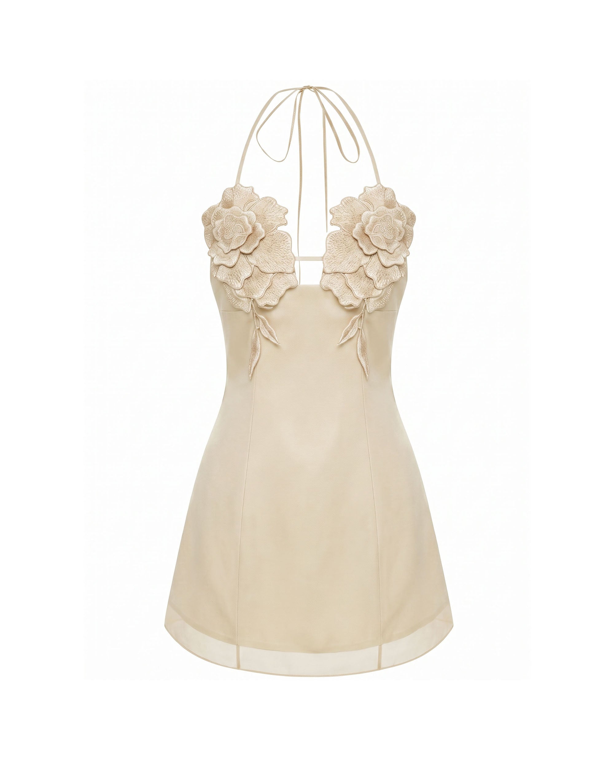 Flower Embroidered Mini Dress - Light Champagne