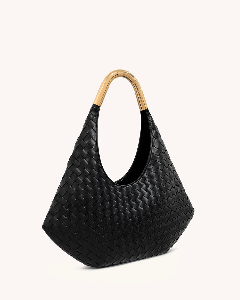 Olivia Hand-Woven Metal Handle Hobo Bag - Black