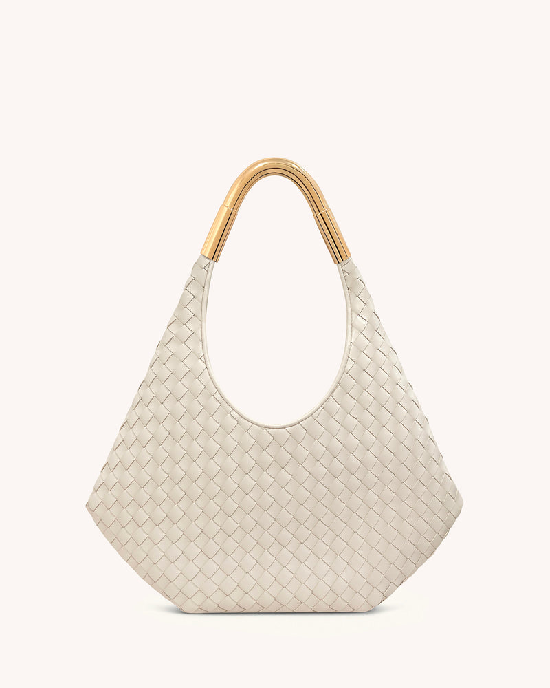 Olivia Hand-Woven Metal Handle Hobo Bag - White