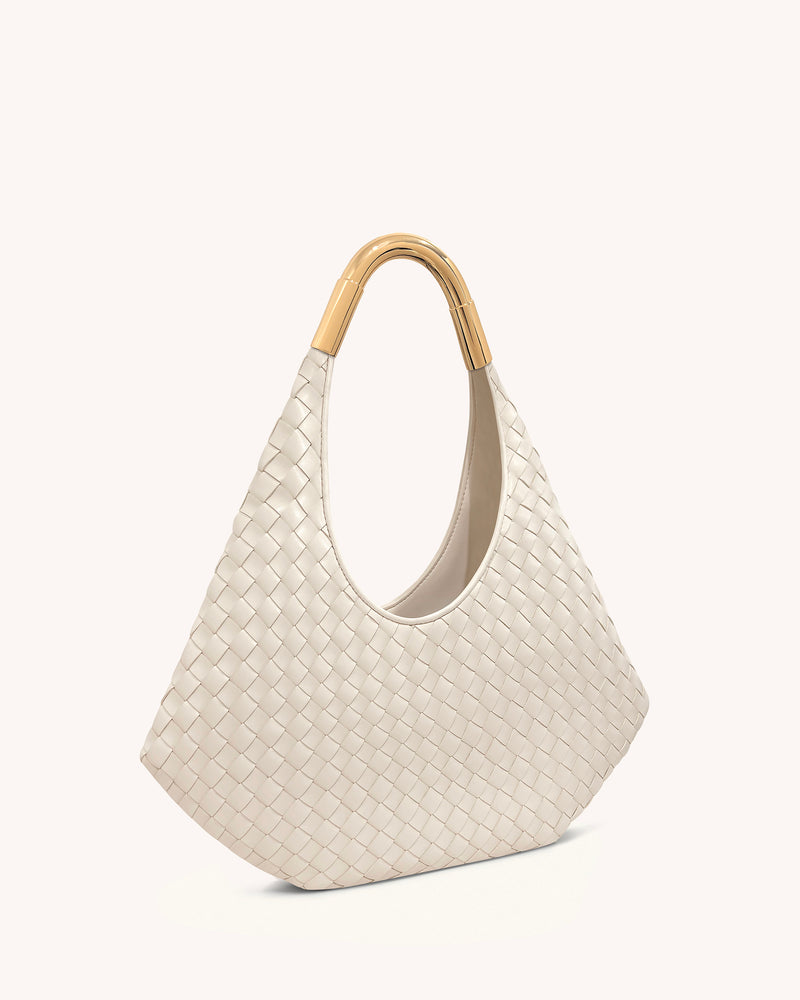 Olivia Hand-Woven Metal Handle Hobo Bag - White