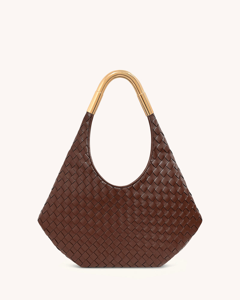 Olivia Hand-Woven Metal Handle Hobo Bag - Brown