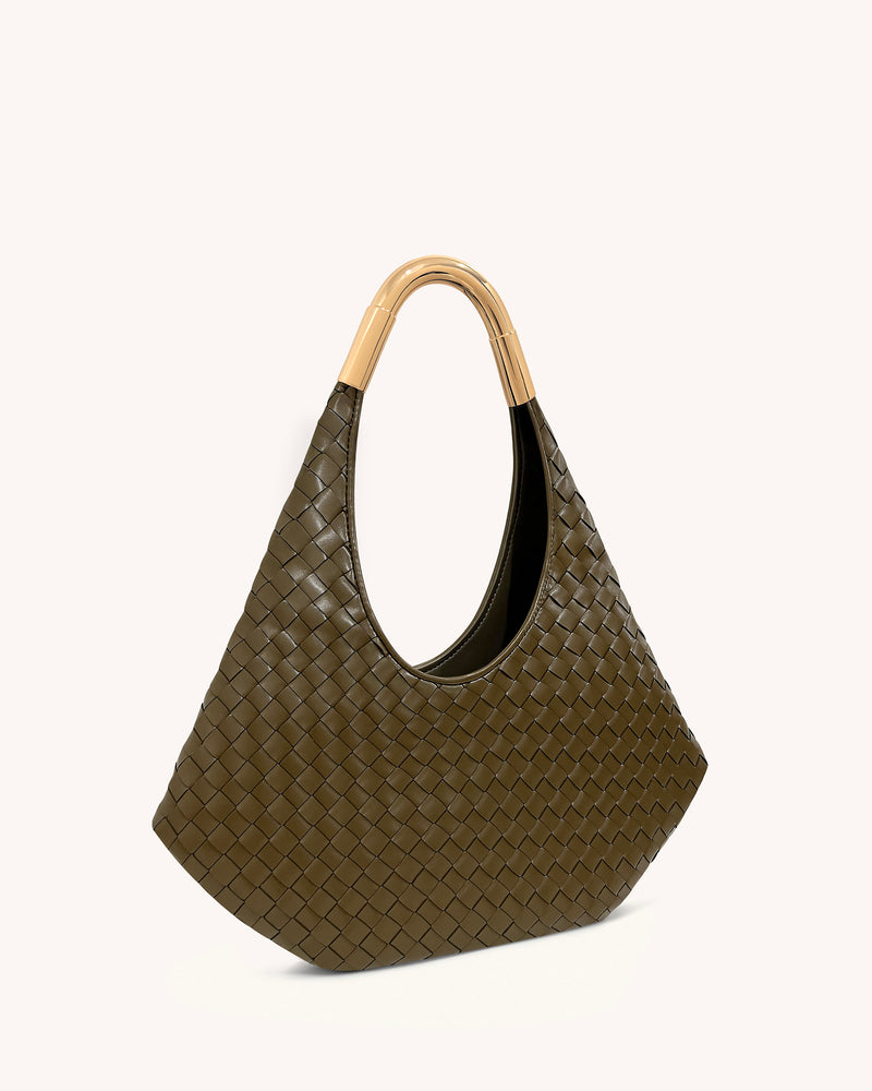 Olivia Hand-Woven Metal Handle Hobo Bag - Olive Green