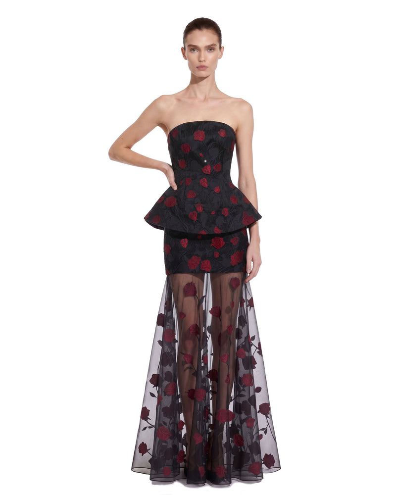 Floral Embellished Strapless Sheer-Hem Maxi Dress - Black & Red