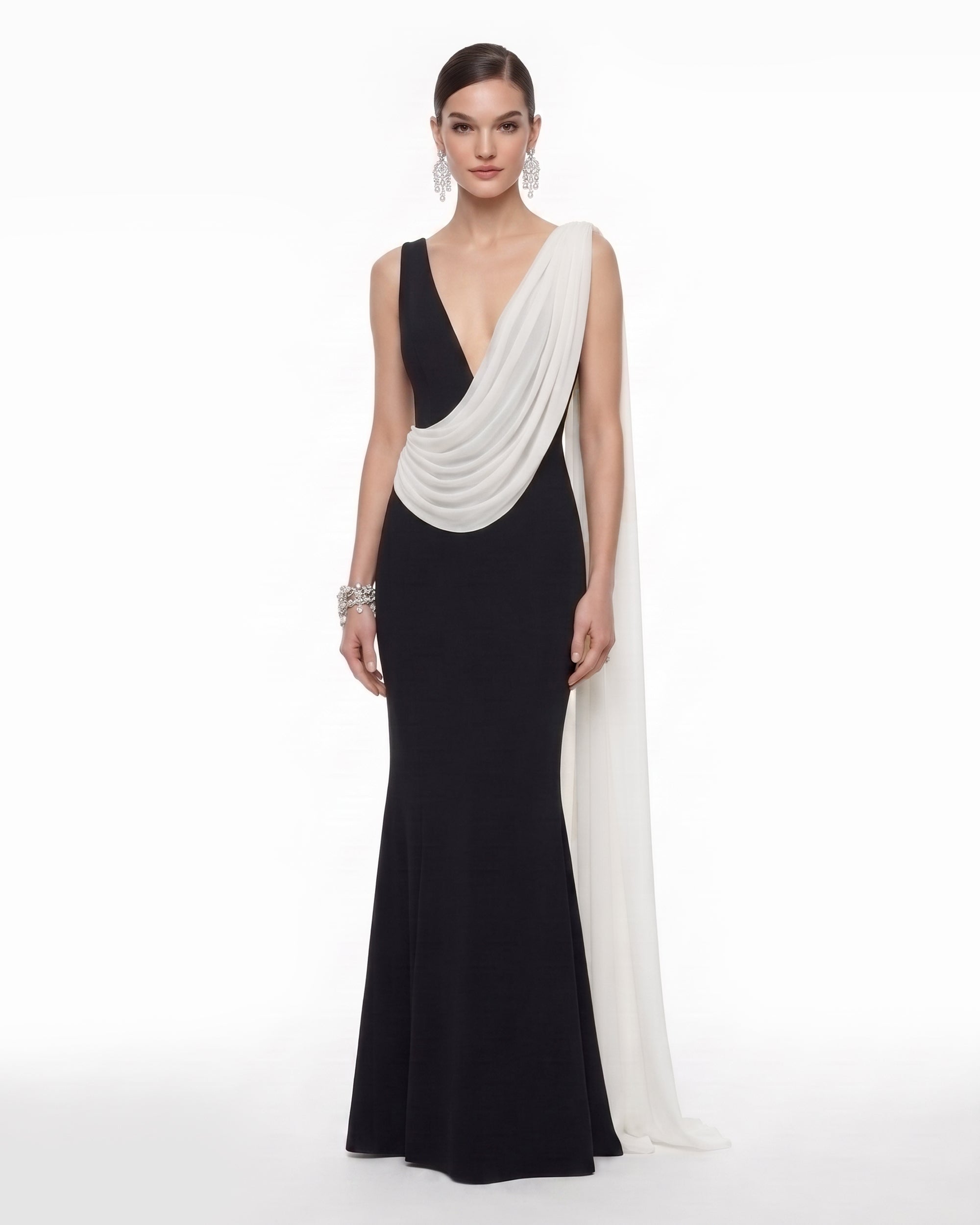 Deep V-Neck Draped Contrast Maxi Gown - Black & White
