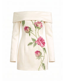 Rose Embroidered Foldover Long-Sleeve Mini Dress - Off White